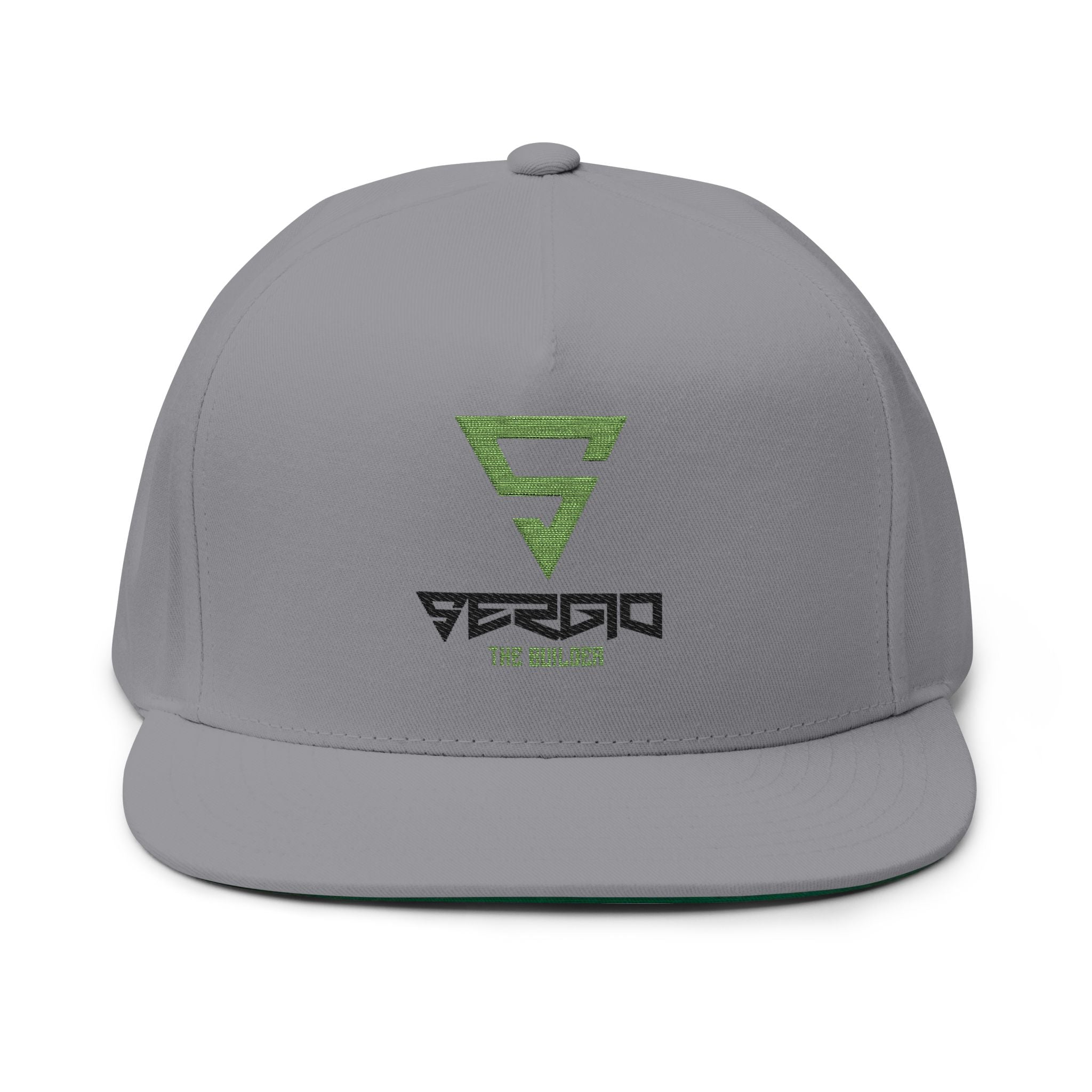 Embroidered Flat Bill Cap — Green Geometric 'Gerdio The Builder' Logo