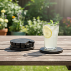 Pack of 6 wood coasters on rustic garden table in sunny outdoor setting