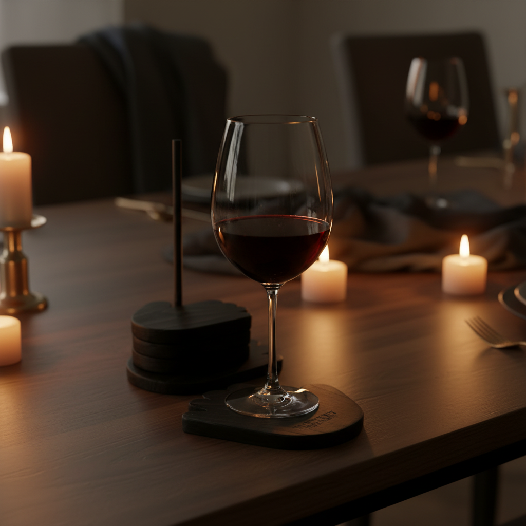 Pack of 6 wood coasters on dark walnut table with candlelight and wine glass